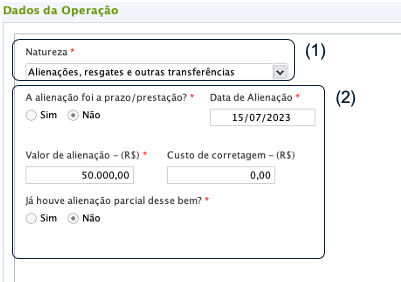 Formulário de dados da operação com detalhes de alienação e custos